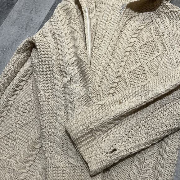 Neusteters 60s/70s Made in Ireland Cable Knit Oatmeal Beige Full Zip Sweater L - Picture 4 of 6